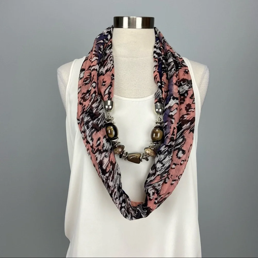 Infinity Scarf Pink Black Leopard Print Chiffon with Beads